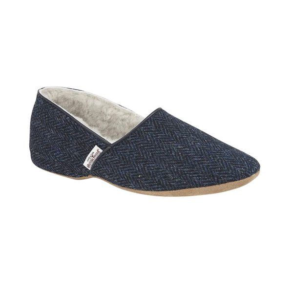 Lewis Harris Tweed Slippers – Navy by Draper of Glastonbury.